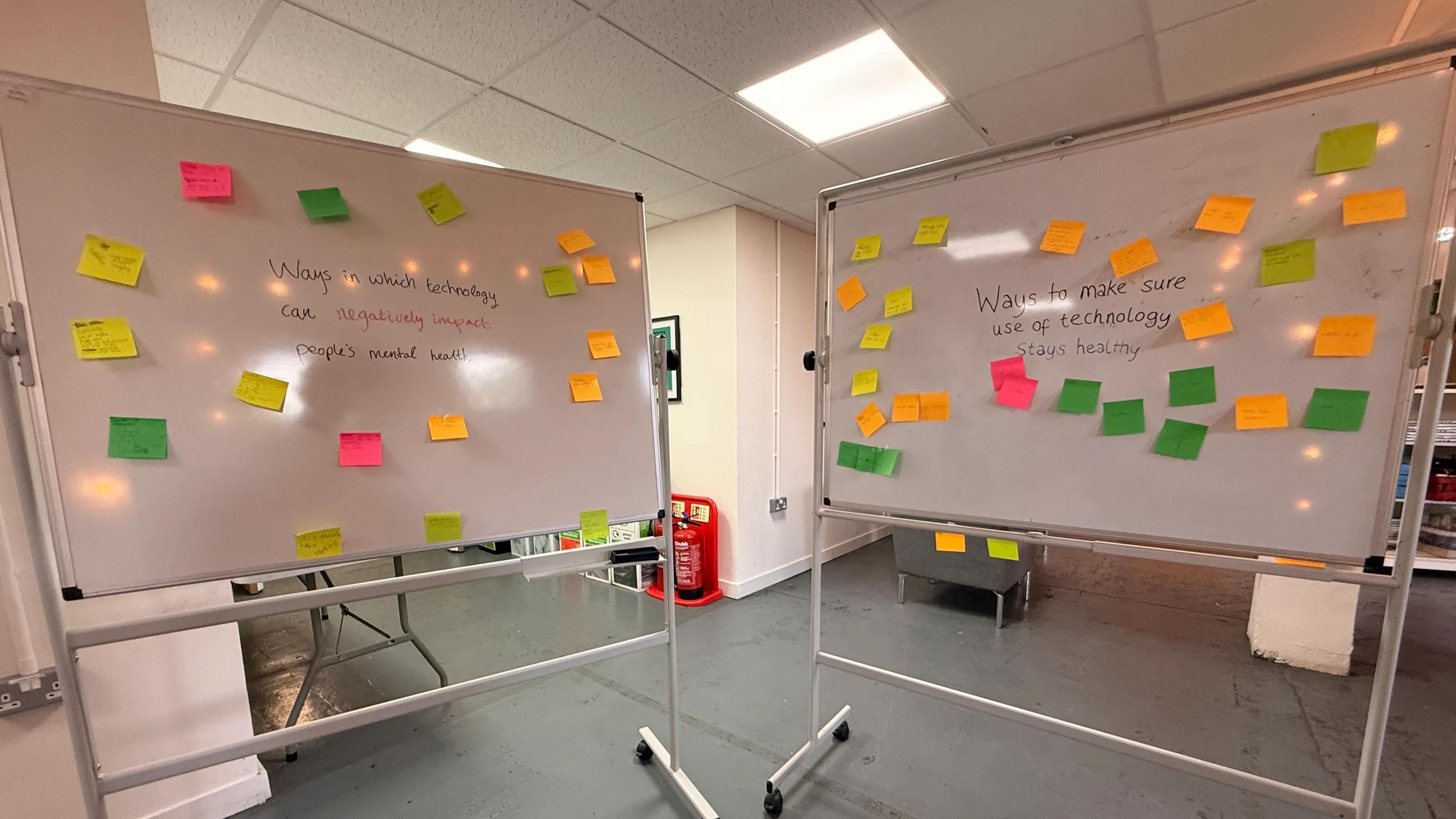 Two whiteboards filled with post-its around the questions ‘How can technology negatively impact mental health?’ and ‘Ways to make sure use of technology stays healthy’