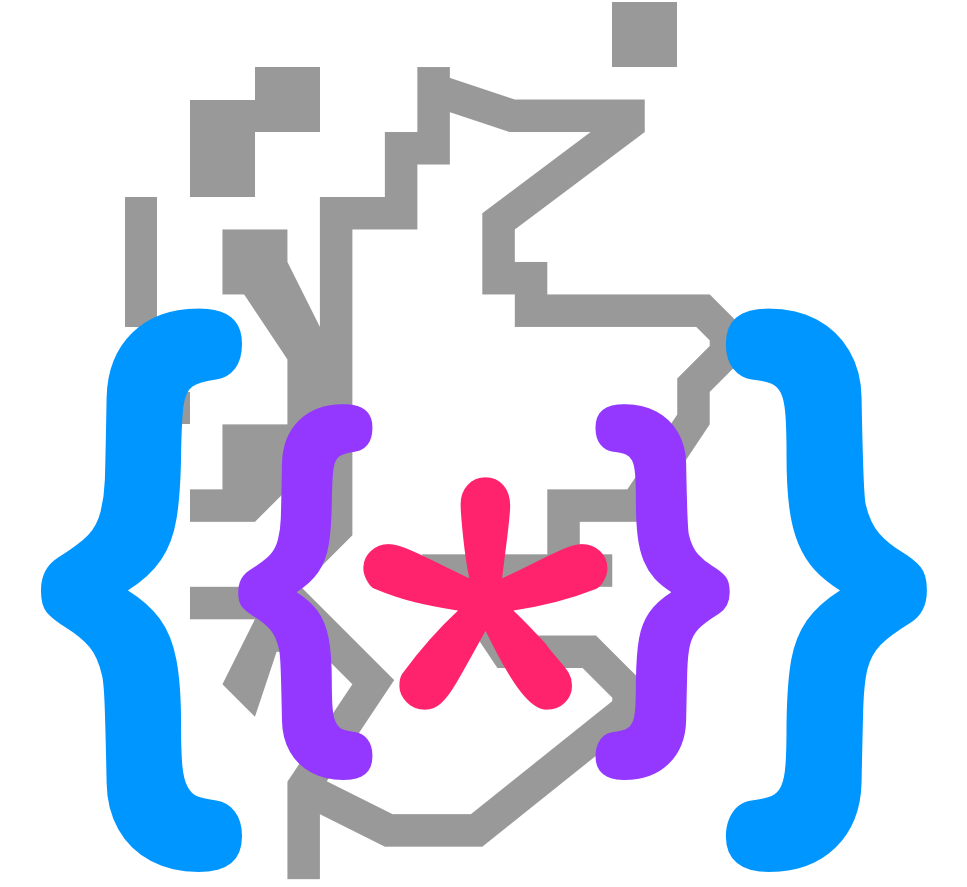 A pixelated map of Scotland with an asterisk centred on Edinburgh and two sets of curly braces around it