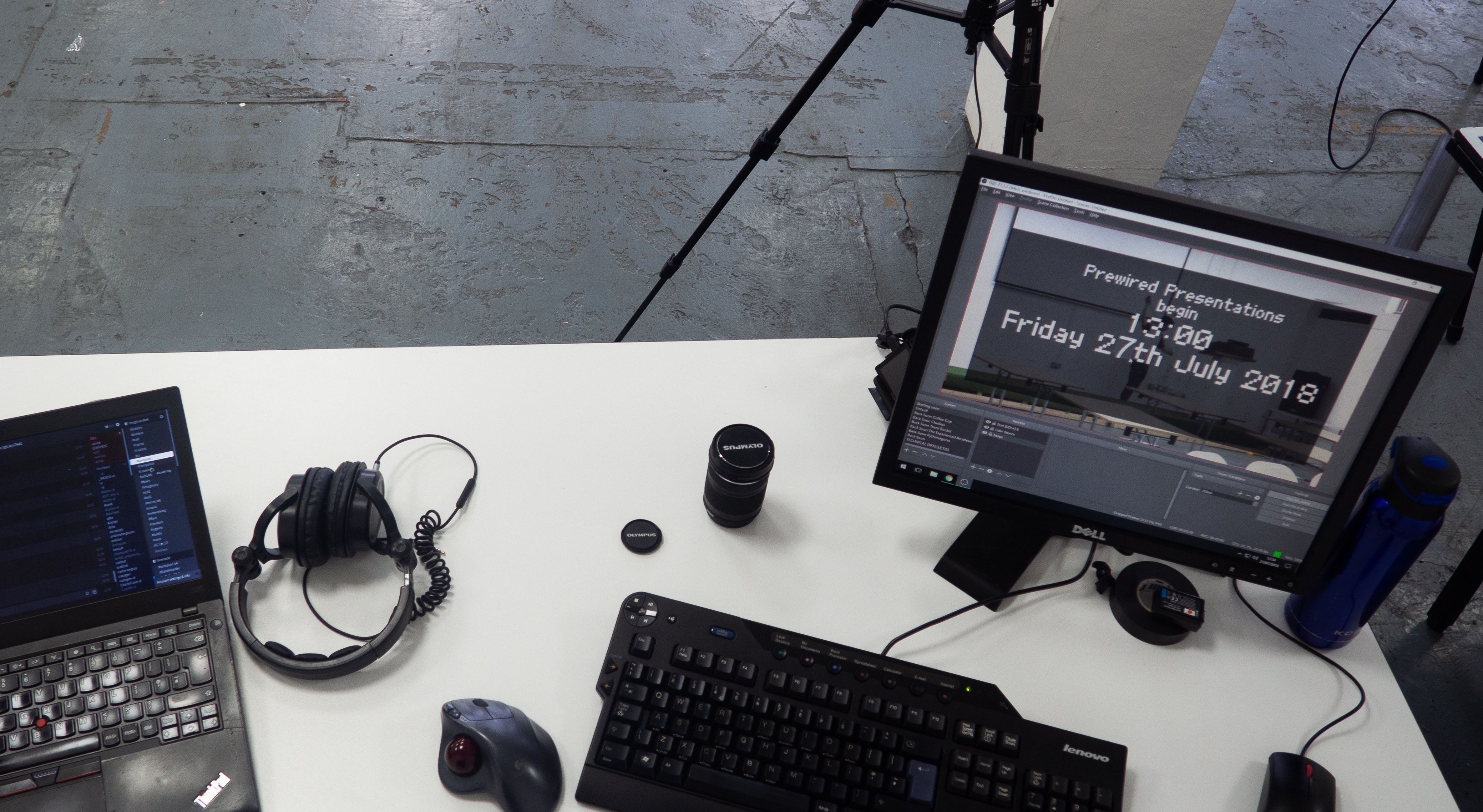 A computer screen with the text 'Prewired Presentations begin 13:00 Friday 27th July 2018'