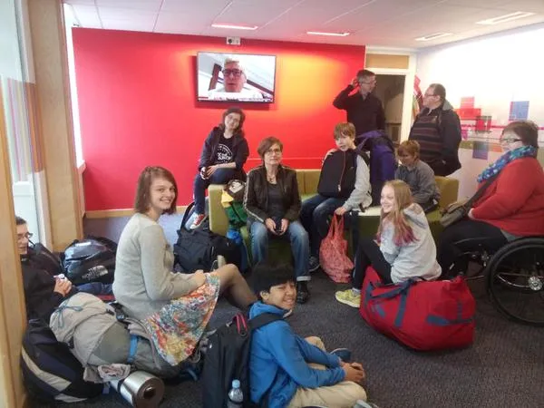 A group of Prewired attendees and mentors en route to the Festival of Code